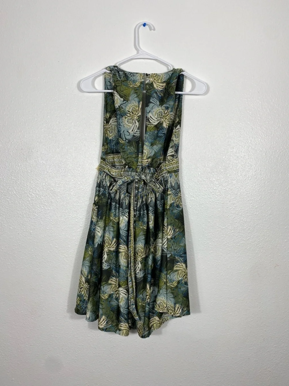 Free People Olive Green and Cream Floral Halter Mini Dress Size XS